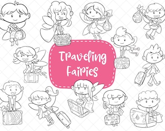 Traveling Fairies Clip Art,  Fairy Tale Clipart, Cute Fairies Digital Art, Kawaii Fairies
