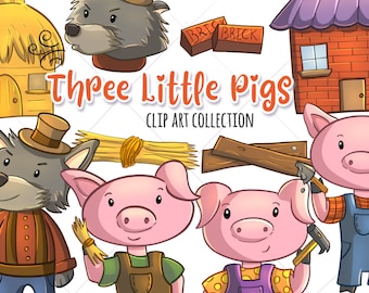 Cute Three Little Pigs Clip Art Collection, Kawaii Pigs Clipart, Three Little Pigs Story, Big Bad Wolf Illustrations, Pig Party Invite