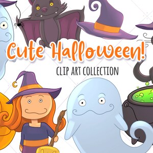 Cute Halloween Clip Art Collection, Kawaii Halloween Clipart, Cute Halloween Art, Cute Ghosts, Cute Witches, Black Cat