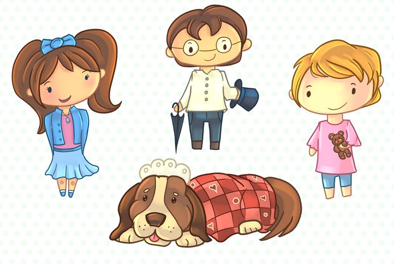 May include: A cartoon illustration of four characters: a girl with brown hair wearing a blue jacket and a blue skirt, a boy with brown hair wearing a white shirt, blue pants, and glasses, a girl with blonde hair wearing a pink shirt and blue pants, and a brown and white dog wearing a red and white plaid blanket.