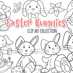 May include: Black and white line art clip art images of Easter bunnies. The images include bunnies holding baskets of eggs, bunnies holding eggs, and bunnies in egg shells. The text "Easter Bunnies Clip Art Collection" is included in the image.