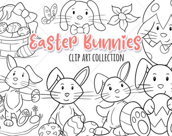 May include: Black and white line art clip art images of Easter bunnies. The images include bunnies holding baskets of eggs, bunnies holding eggs, and bunnies in egg shells. The text "Easter Bunnies Clip Art Collection" is included in the image.