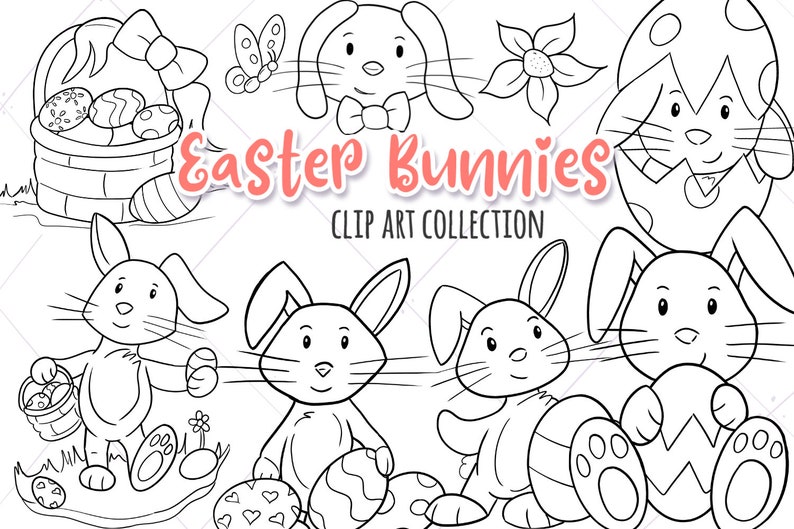 May include: Black and white line art clip art images of Easter bunnies. The images include bunnies holding baskets of eggs, bunnies holding eggs, and bunnies in egg shells. The text "Easter Bunnies Clip Art Collection" is included in the image.