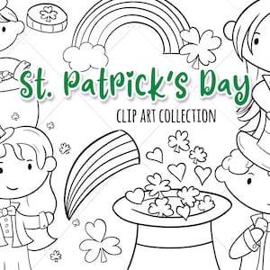 May include: Black and white line art clip art collection of St. Patrick's Day themed illustrations.  The illustrations include a leprechaun holding a pot of gold, a leprechaun with a rainbow, a leprechaun with a hat, and a leprechaun with a shamrock.