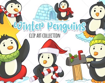 Penguin Christmas Clip Art Collection, Cute Christmas Clip art, Christmas Penguins, Christmas Illustrations, Winter Penguins
