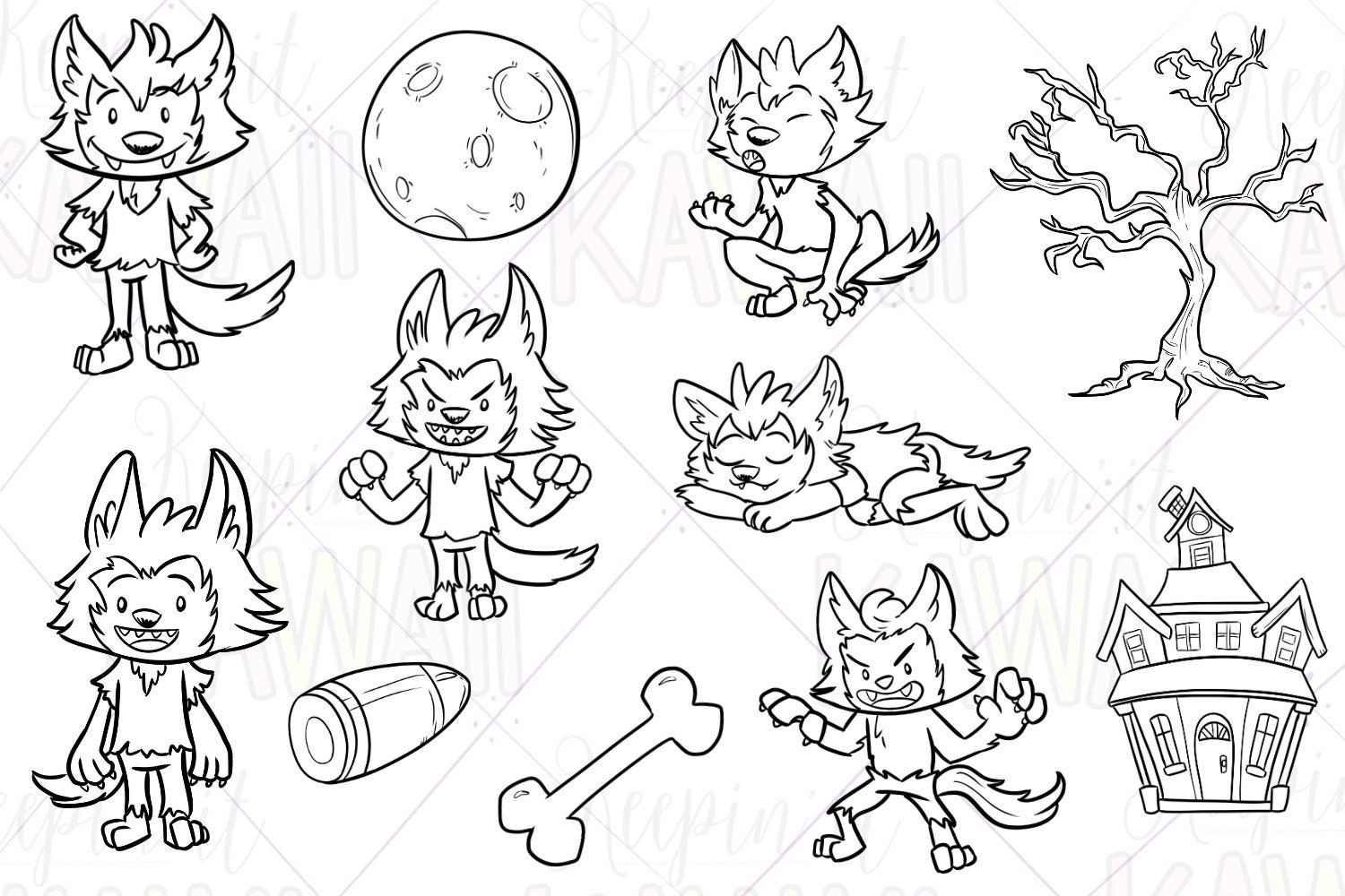 Cute Werewolf Boys Digital Stamps, Kawaii Halloween Werewolf, Cute Monsters, Clip Art For Teachers