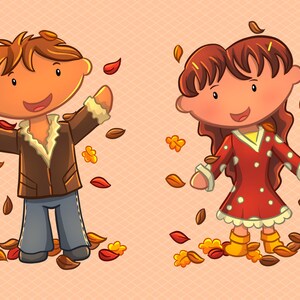 Puede incluir: Dos ni&ntilde;os de dibujos animados, un ni&ntilde;o y una ni&ntilde;a, est&aacute;n de pie en un campo de hojas de oto&ntilde;o que caen. El ni&ntilde;o lleva una chaqueta marr&oacute;n y pantalones vaqueros azules. La ni&ntilde;a lleva un vestido rojo con lunares blancos.