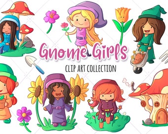 Spring Gnome Girls Clipart, Cute Garden Gnome Clip Art, Kawaii Gnomes, Cute Flowers