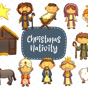 K&ouml;nnte beinhalten: Eine farbenfrohe Illustration der Weihnachtskrippe mit Figuren wie Maria, Josef, Jesuskind, die drei Weisen, ein Esel, ein Schaf, ein Engel und ein Stern. Der Text "Christmas Nativity" ist in einem Banner geschrieben.