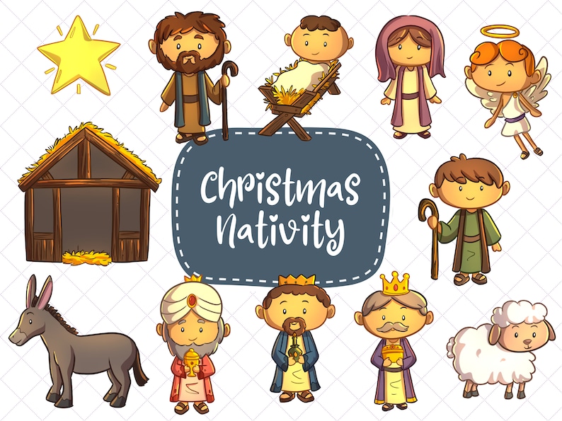 K&ouml;nnte beinhalten: Eine farbenfrohe Illustration der Weihnachtskrippe mit Figuren wie Maria, Josef, Jesuskind, die drei Weisen, ein Esel, ein Schaf, ein Engel und ein Stern. Der Text "Christmas Nativity" ist in einem Banner geschrieben.