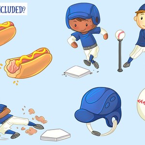 May include: Illustration featuring baseball-themed graphics. Includes cartoon images of baseball players, a baseball, a helmet, a baseball bat, a baseball tee, hot dogs with mustard, and the text "WHAT'S INCLUDED?" on a light blue background.