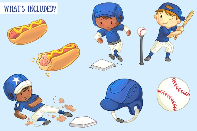 May include: Illustration featuring baseball-themed graphics. Includes cartoon images of baseball players, a baseball, a helmet, a baseball bat, a baseball tee, hot dogs with mustard, and the text "WHAT'S INCLUDED?" on a light blue background.