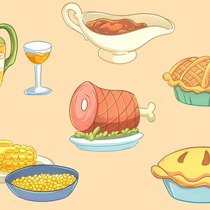 Cute Thanksgiving Feast Clipart, Thanksgiving Food Clip Art, Kawaii Thanksgiving Food, Fall Clip Art, Fall Graphics, Sublimation image 3
