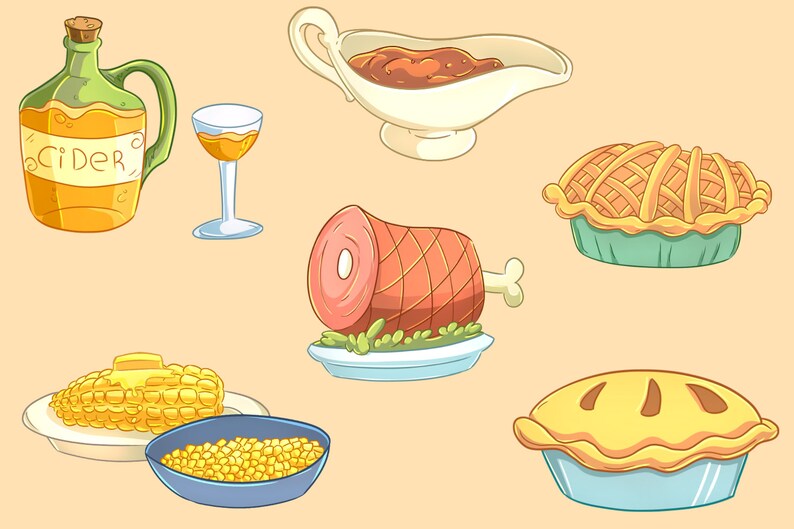 Cute Thanksgiving Feast Clipart, Thanksgiving Food Clip Art, Kawaii Thanksgiving Food, Fall Clip Art, Fall Graphics, Sublimation image 3
