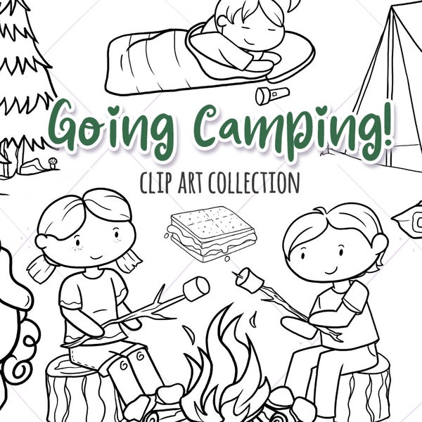 Cute Camping Digital Stamps Set - Outdoors Black and White Clip Art - Summer Time Clip Art - Camp Site Clipart - Cute Clipart