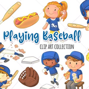 May include: A collection of cartoon baseball-themed clip art. The image includes a baseball, bat, hot dog, baseball players, and the text "Playing Baseball CLIP ART COLLECTION". The players are wearing blue uniforms.