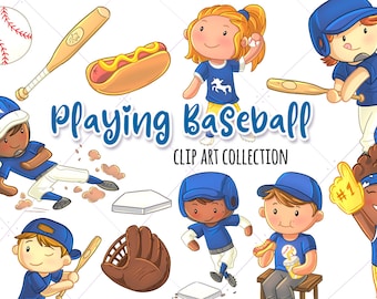 Kids Playing Baseball Sport Clip Art Collection, Cute Baseball, Kawaii Baseball Kids, Boys Playing Sports, Sports Graphics