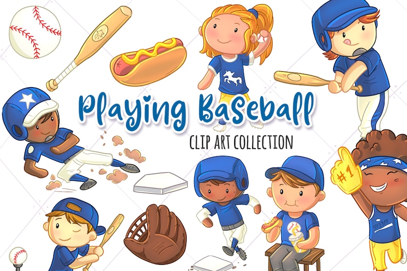 May include: A collection of cartoon baseball-themed clip art. The image includes a baseball, bat, hot dog, baseball players, and the text "Playing Baseball CLIP ART COLLECTION". The players are wearing blue uniforms.