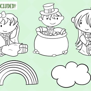 May include: Black and white line art illustration of a leprechaun, a leprechaun girl, a pot of gold, a rainbow, and a cloud. The text "What's Included?" is at the top of the image.