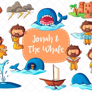 Jonah and the Whale Clipart, Bible Story Clip Art, Cute Christian Clipart, The book of Jonah