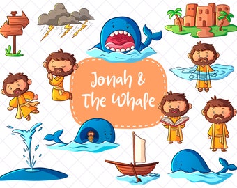 Jonah and the Whale Clipart, Bible Story Clip Art, Cute Christian Clipart, The book of Jonah