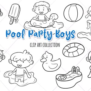 Cute Pool Party Boys Clip Art Collection, Pool Party Clipart, Kids Pool Party Invite