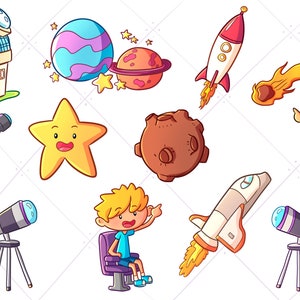 May include: A set of colorful cartoon illustrations featuring space-themed objects, including a rocket, a comet, a spaceship, a star, a planet, a moon, a telescope, and an observatory. There are also two children looking through telescopes.