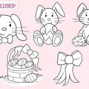May include: A black and white illustration set featuring Easter bunnies, a basket of eggs, and a bow. The bunnies are holding eggs and have cute expressions. The basket is full of eggs and has a bow on the handle. The bow is a simple design with two loops.