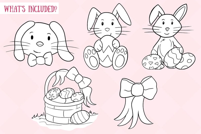 May include: A black and white illustration set featuring Easter bunnies, a basket of eggs, and a bow. The bunnies are holding eggs and have cute expressions. The basket is full of eggs and has a bow on the handle. The bow is a simple design with two loops.