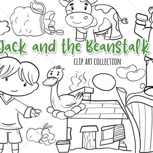 May include: Black and white line art illustrations of characters and objects from the fairy tale Jack and the Beanstalk.  The illustrations include Jack, a giant, a goose, a cow, beans, a castle, and a house.