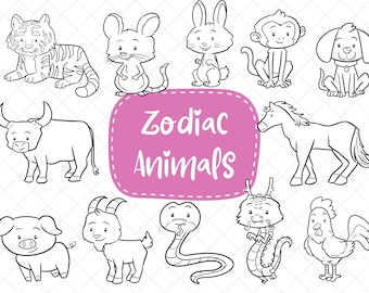 Cute Chinese Zodiac Animals Clip Art,  Kawaii Zodiac Animals, Cute Zodiac Animals Clipart, Classroom Clipart