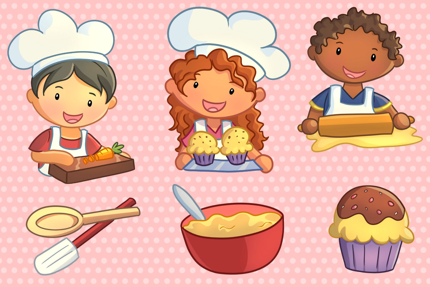 Cute Kids Cooking Clipart Set, Kawaii Kids Baking Clip Art, Kids Making
