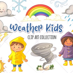 Cute Weather Kids Clip Art Collection, Kawaii Wetter Grafik, Regenbogen Clipart, Kawaii Planer Grafik, Wetter Sticker