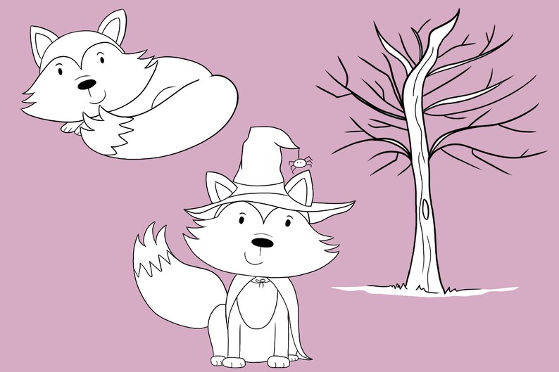 Cute Fall Foxes Black and White Clip Art Collection, Kawaii Foxes Coloring Pages, Cute Fall Illustrations, Woodland Nursery, Woodland Shower image 4