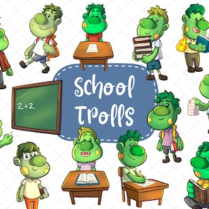 Back to School Kids Clipart, Cute Trolls School Clipart, Kawaii School Clip Art, Cute Back To School