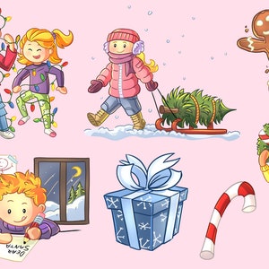 May include: A collection of Christmas illustrations featuring a gingerbread man, a girl pulling a Christmas tree on a sledge, a boy and girl decorating with Christmas lights, a boy writing a letter to Santa, a girl holding a wreath, a gift box with a blue bow, and a candy cane.
