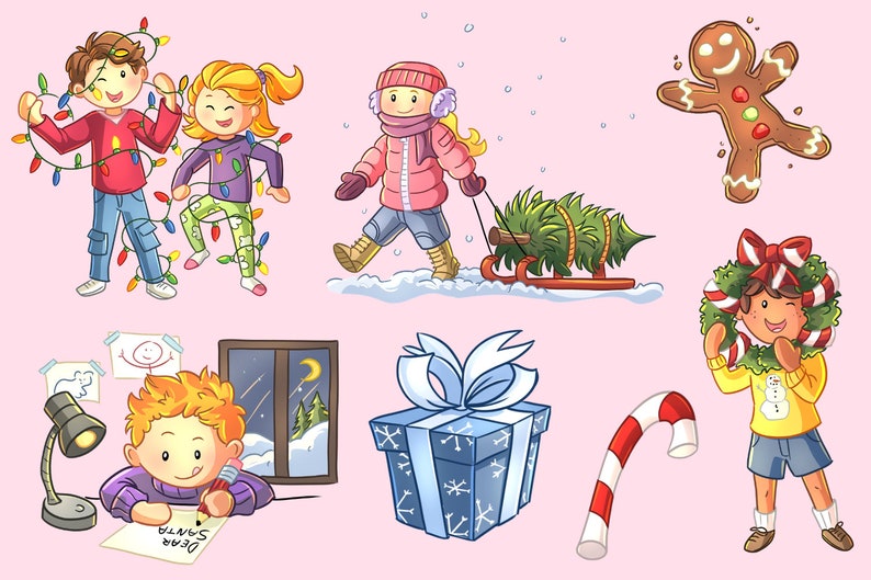 May include: A collection of Christmas illustrations featuring a gingerbread man, a girl pulling a Christmas tree on a sledge, a boy and girl decorating with Christmas lights, a boy writing a letter to Santa, a girl holding a wreath, a gift box with a blue bow, and a candy cane.