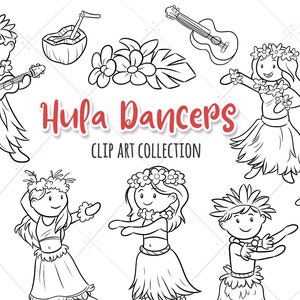 May include: Black and white clip art images of hula dancers. The dancers are wearing grass skirts, flower leis, and flower crowns. Some are holding instruments, such as a ukulele and a drum. The text "Hula Dancers Clip Art Collection" is included in the image.