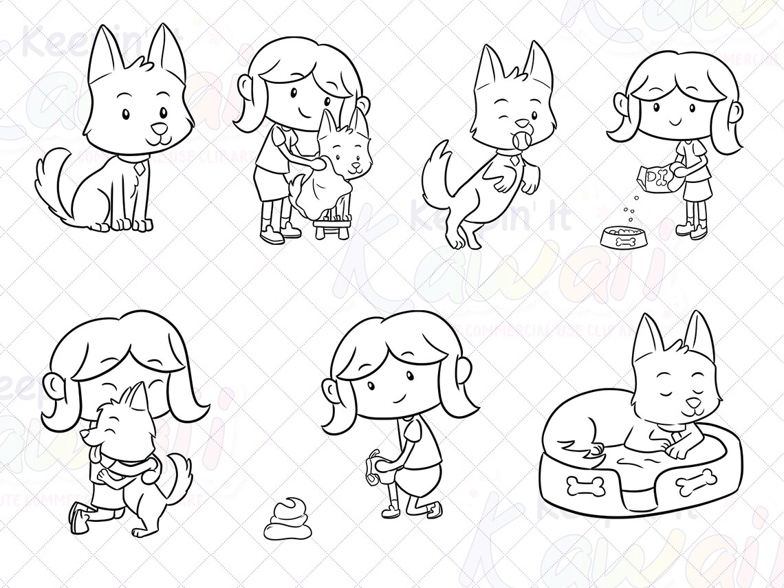 Girl With Pet Dog Clip Art, Cute Pets Clipart, Cute Kids and Pets Clipart, Clipart for Teachers