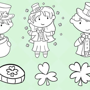 May include: Black and white line art illustration of three cartoon leprechauns. One leprechaun is holding a pot of gold, another is wearing a bow tie, and the third is holding a shamrock. There are also three shamrocks in the image.