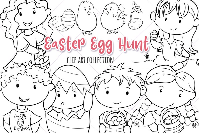 Cute Easter Egg Hunt Black and White Clip Art Collection, Easter Kid