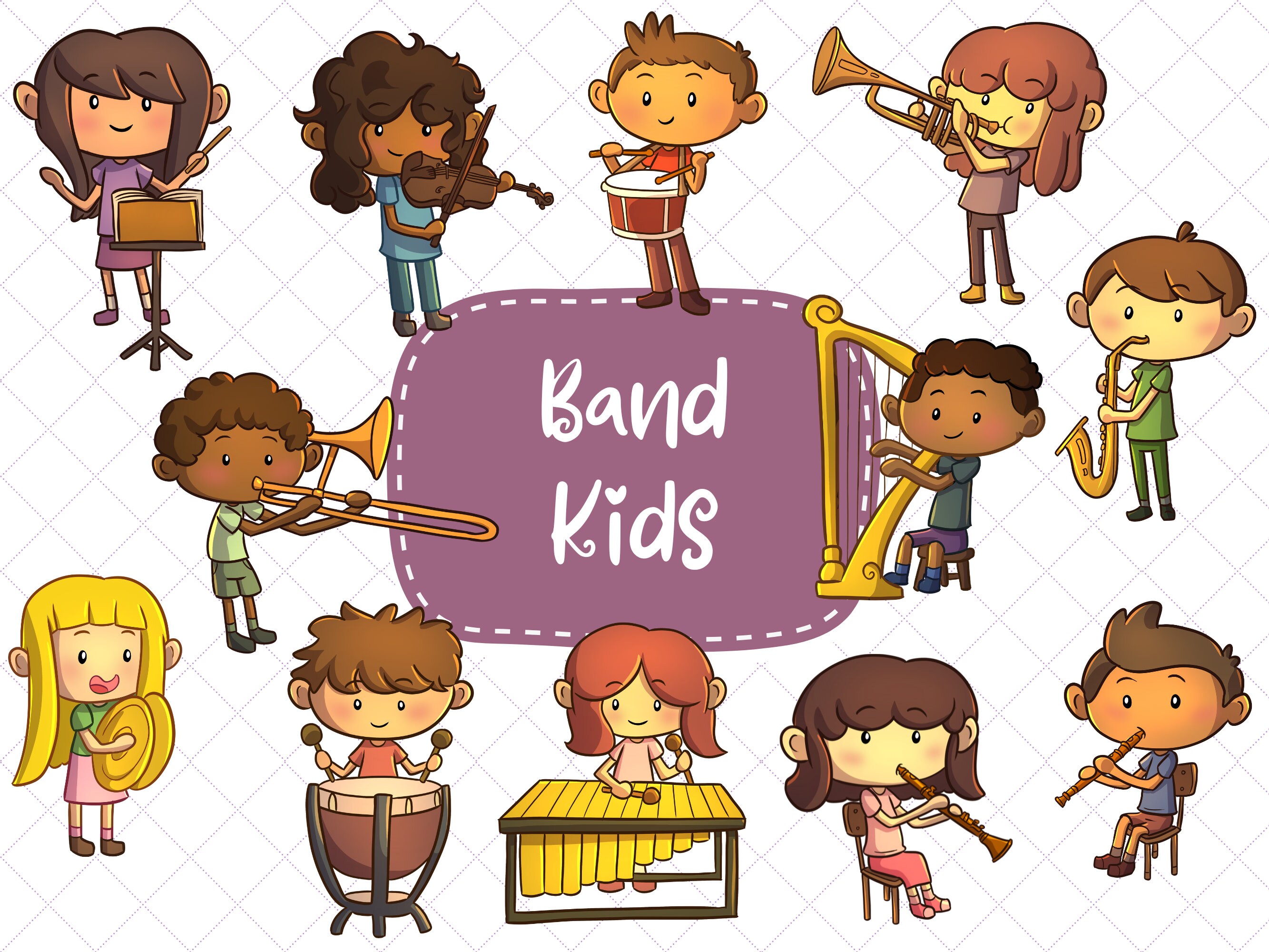 Cute Band Kids Clip Art, Kids Playing Music Clipart, Cute Kids Music