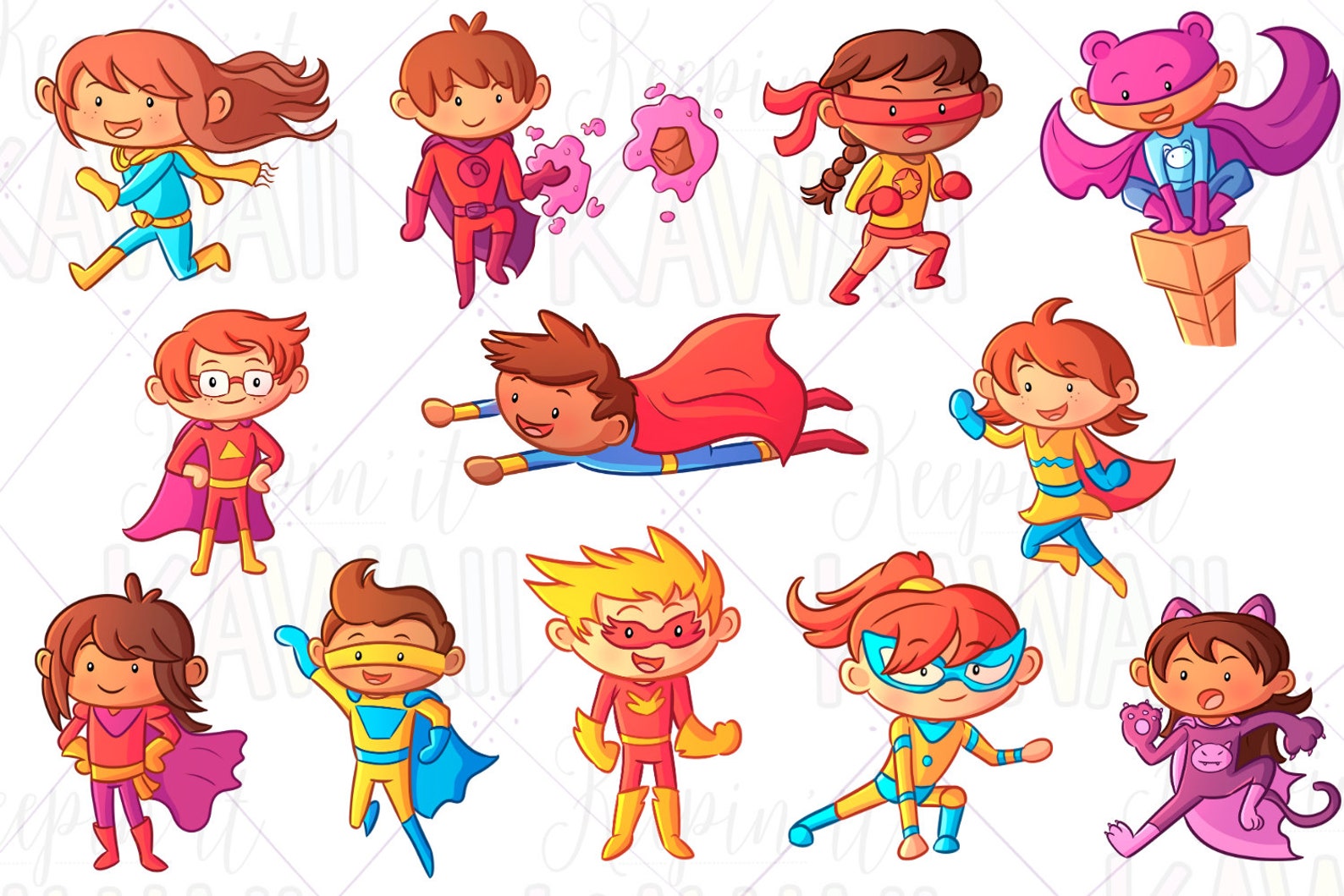 Cute Super Hero Kids Clip Art Kawaii Superhero Hero Kids | Etsy