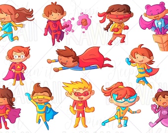 Cute Super Hero Kids Clip Art, Kawaii Superhero, Hero Kids Clipart, School Kids Clip Art