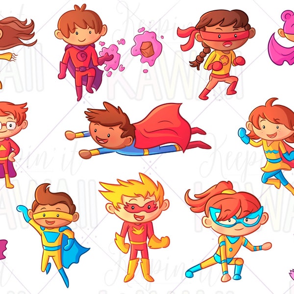 Cute Super Hero Kids Clip Art, Kawaii Superhero, Hero Kids Clipart, School Kids Clip Art