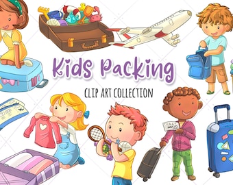 Cute Kids Packing Clip Art, Packing For Vacation, Vacation Clipart, Travel Graphics, Kawaii Kids, Cute Kids Traveling