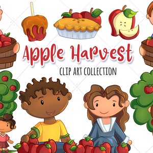 Apple Harvest Clip Art Collection, Fall Apples, Kids Picking Apples, Apple Picking Clipart, Kids Picking Apples Illustrations