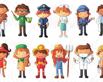 Pode incluir: Ilustração de dez personagens de desenhos animados que representam diferentes profissões. Os personagens são um médico, um professor, um policial, uma enfermeira, um carteiro, um cientista, um salva-vidas, um cozinheiro, um fazendeiro e um trabalhador da construção.