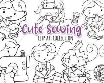 Cute Sewing Black and White Clip Art, Kids Sewing Coloring Pages, Sewing Clipart, Sewing Machine Clip Art, Kawaii Sewing, Kawaii Kids Sewing