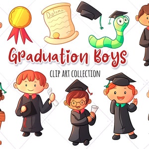 Cute Graduation Boys Clip Art Collection, Little Graduates Clipart, Kids Graduation Party Invite